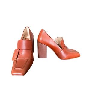 Louise et Cie Cognac Leather Square Toe Loafer Pumps Wood Block Heel Brown 7.5M